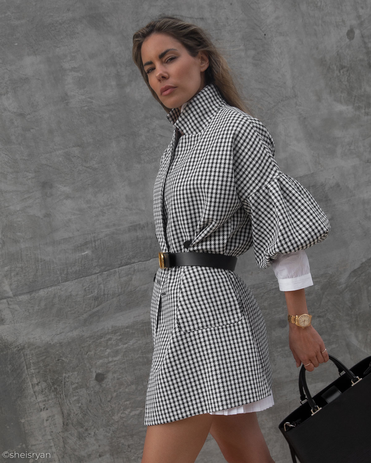 women in trending houndstooth pieces and long hair 